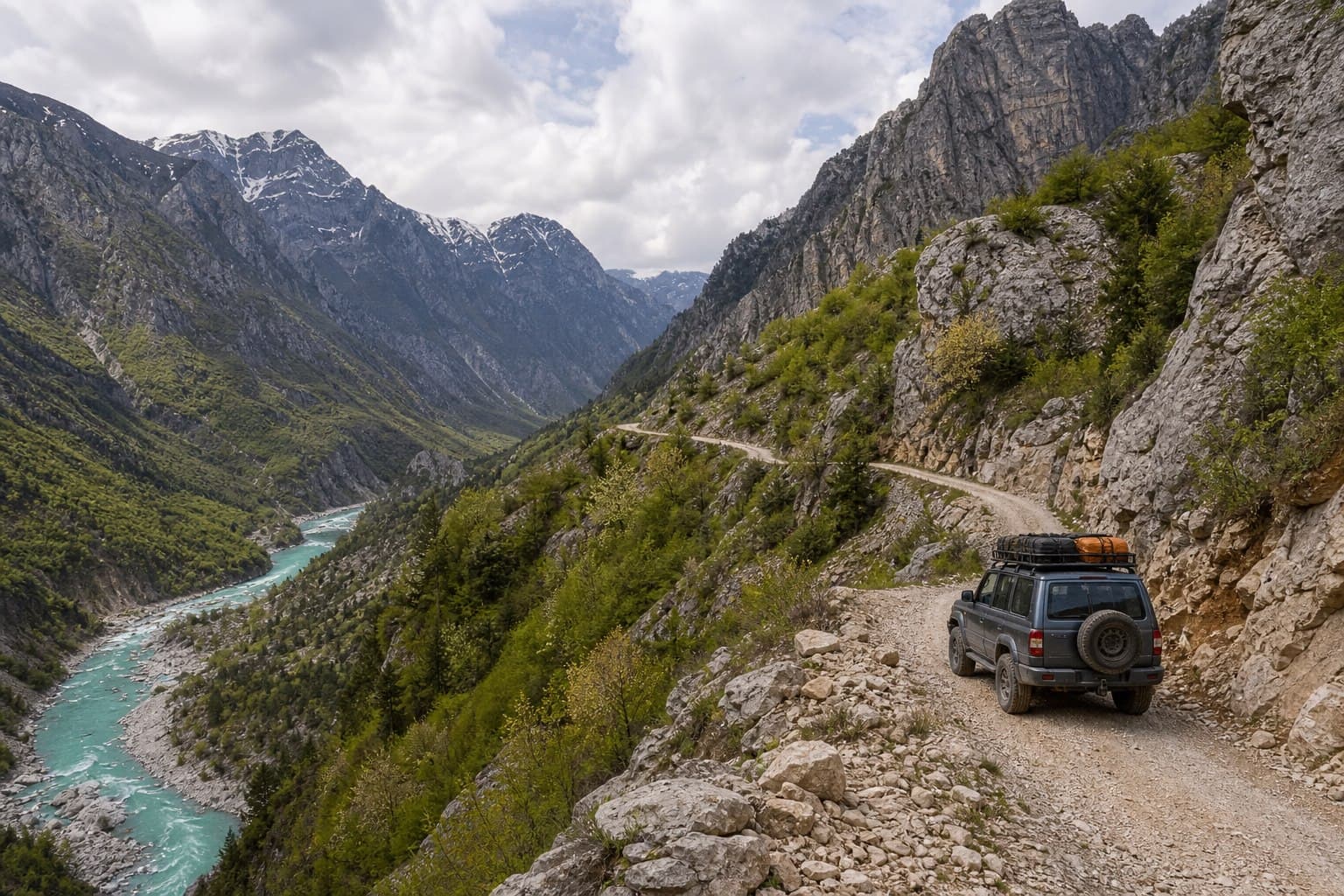 A four-wheel-drive vehicle on a high trail in the Albanian Alps