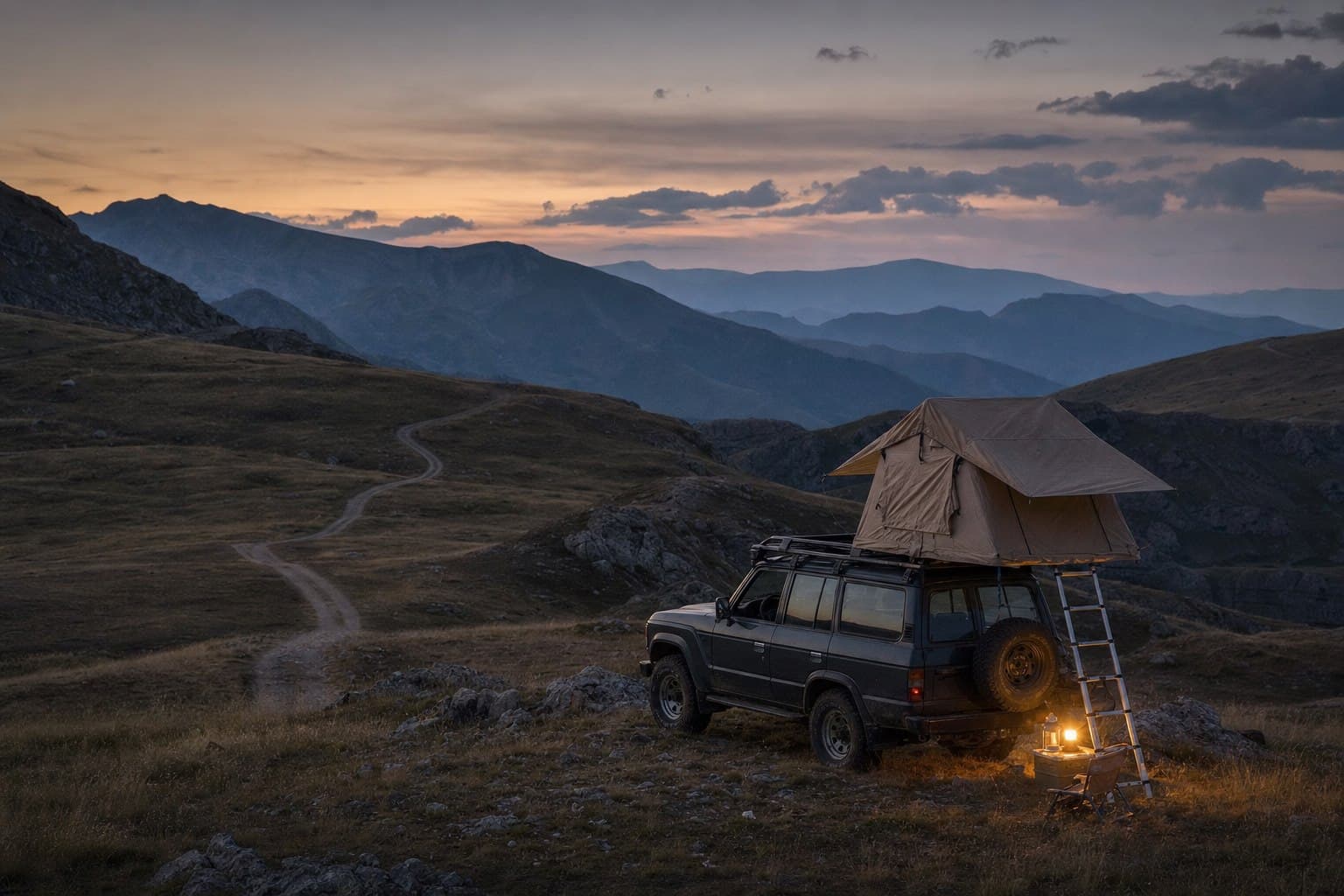 A rooftop tent pitched beside an overland vehicle in the Balkan mountains