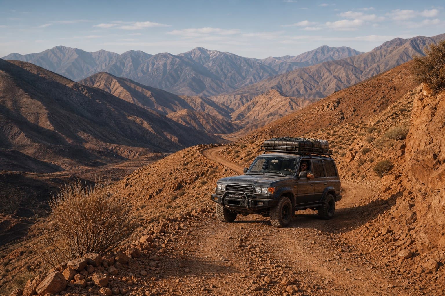 An expedition vehicle on a mountain track in Morocco