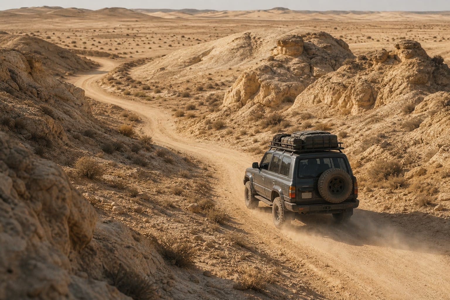 An expedition 4x4 following a desert track through Tunisia