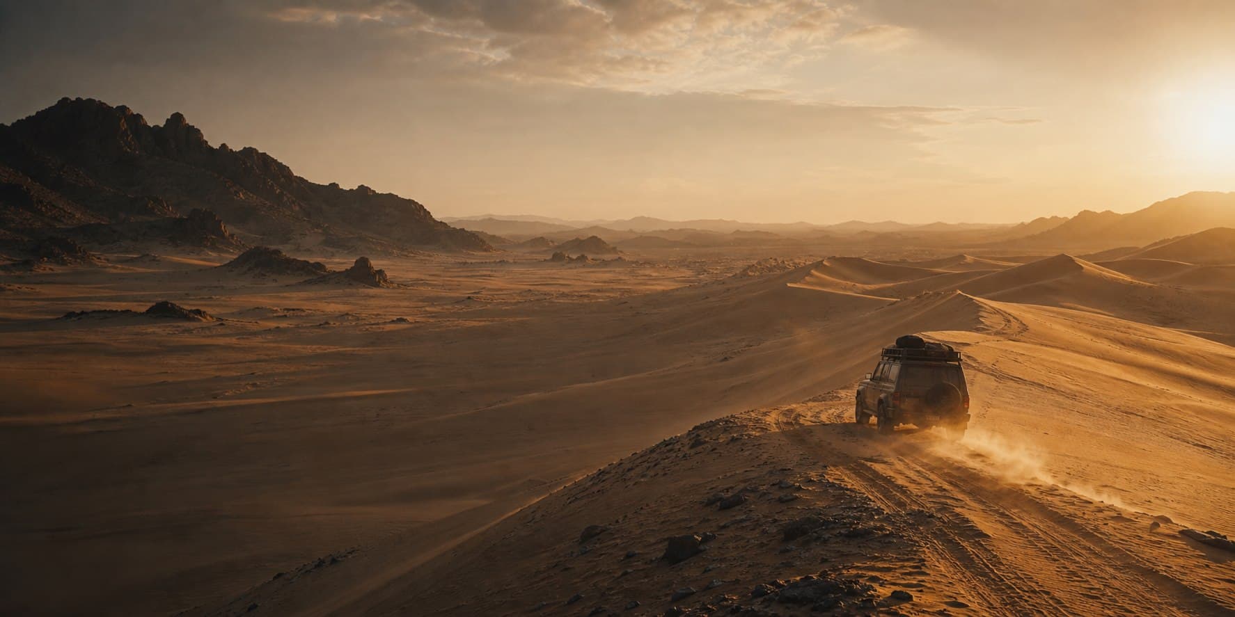 A lone overland vehicle crossing a vast desert at golden hour